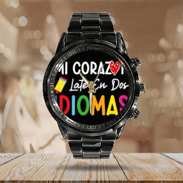 Discover Mi corazon late en dos idiomas bilingual Spanish Teacher Baseball Tees Calendar Steel Band Watch