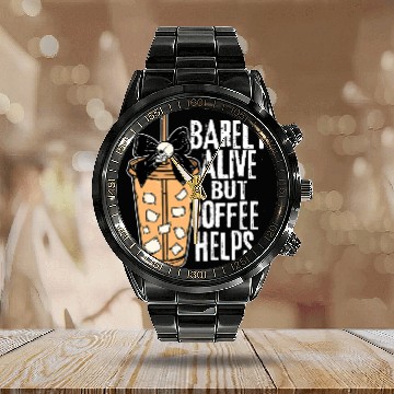 Discover Coffee Fun Barely Alive But Coffee Helps Snarky Skull Halloween Coffee Baseball Tees Calendar Steel Band Watch