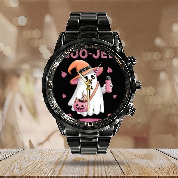 Discover Coffee Fun Boo Jee ghosts Drinking Coffee Spooky Pink Funny Halloween Calendar Steel Band Watch