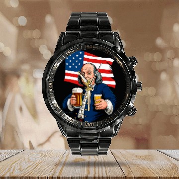 Discover Beer Fun Boozing Benjamin Franklin With Beer Mug Funny Calendar Steel Band Watch