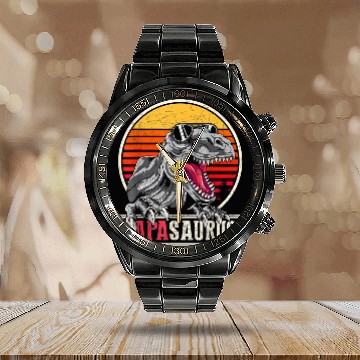 Discover daddy dad dinosaur family papa idea papasaurus t rex Calendar Steel Band Watch