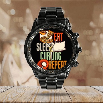 Discover Eat Sleep Curling Repeat Curling 1 Baseball Tees Calendar Steel Band Watch