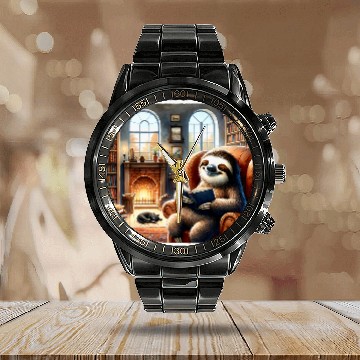 Discover Sloth Pet Reading In A Cozy Library With A Cat Fireplace Books Calendar Steel Band Watch