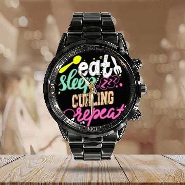 Discover Eat Sleep Curling Repeat Curling 2 Calendar Steel Band Watch