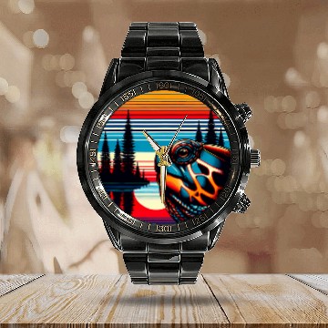 Discover Turtle Pet Box Turtle Sunset Retro Style 80s 70s Calendar Steel Band Watch