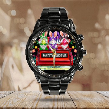 Discover Cute Gnomes with Bunny Ears Egg Hunting Truck Happy Easter Calendar Steel Band Watch