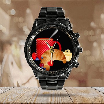 Discover Coffee Fun Breakfast still life with croissant coffee berries 1 Calendar Steel Band Watch