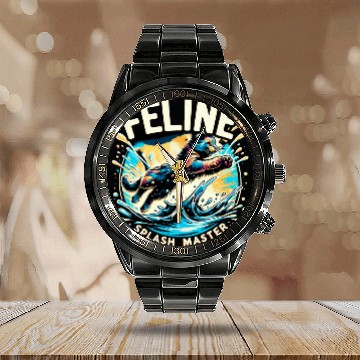Discover Feline Splash Master Funny Cat Meme Shower Cat Lover Groomer Calendar Steel Band Watch