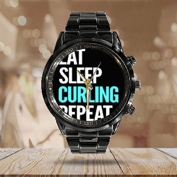 Discover Eat Sleep Curling Repeat Devoted Supporter Gift Calendar Steel Band Watch