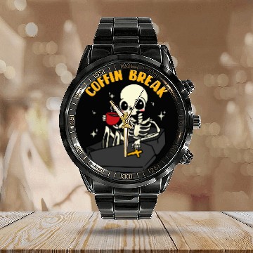 Discover Coffee Fun Coffin Break Skeletons Coffee Mortician Funeral Calendar Steel Band Watch