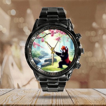 Discover Panda Pet Red Panda Practicing Tai Chi In A Peaceful Garden Stream Calendar Steel Band Watch