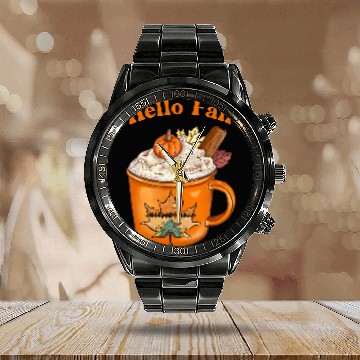 Discover Cute Fall Hello Fall Pumpkin Spice Fall Leaves Outdoors Zip Calendar Steel Band Watch