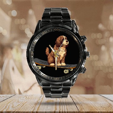 Discover Funny Bernedoodle Skateboard Dog Skating Pet Skate Calendar Steel Band Watch