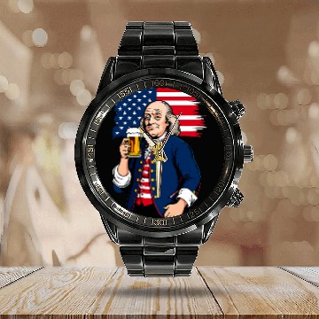 Discover Beer Fun Boozing Benjamin Franklin With Beer Mug 4th July Funny Calendar Steel Band Watch