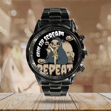 Discover Coffee Fun Grim Sip Scream Repeat Halloween Coffee 1 Baseball Tees Calendar Steel Band Watch