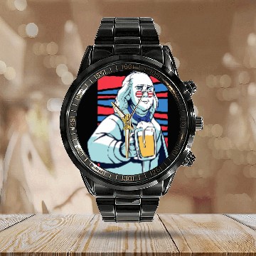 Discover Beer Fun USA president Ben Franklin having a beer Fun Baseball Tees Calendar Steel Band Watch