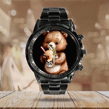 Discover Bear Pet Cute Bear Drinking Boba Bubble Milk Tea Kawaii Animal Lovers Calendar Steel Band Watch