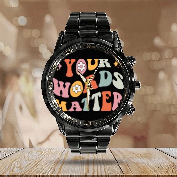 Discover Retro Speech Language Pathologist Groovy Speech Therapy SLP 4 Calendar Steel Band Watch