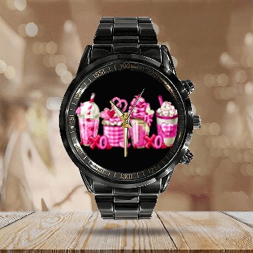 Discover Coffee Fun Pink Latte Love Valentines Day Latte Coffee Graphic Baseball Tees Calendar Steel Band Watch
