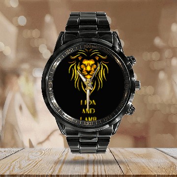 Discover Lion Pet and Lamb Christian Symbol Design Calendar Steel Band Watch