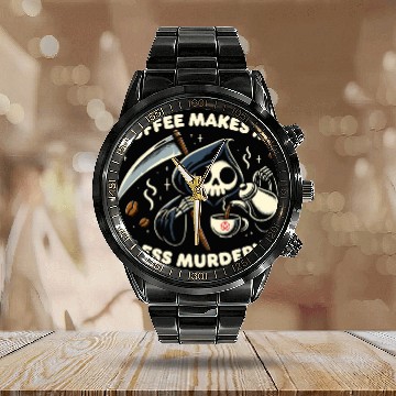 Discover Coffee Fun Grim Reaper Coffee Lover Dark Humor Caffeine Baseball Tees Calendar Steel Band Watch