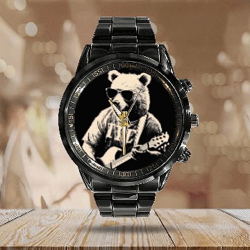 Discover Bear Pet playing electric guitar cool Stencil Punk Rock 2 Calendar Steel Band Watch