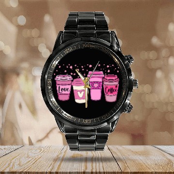 Discover Coffee Fun Pink Hearts Galentines day Valentines day Calendar Steel Band Watch