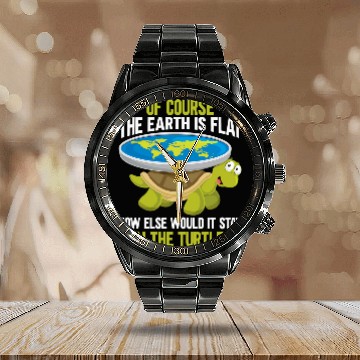 Discover Turtle Pet Funny Flat Earth Society Turtle Humor Calendar Steel Band Watch