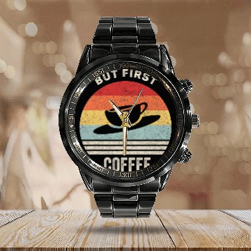 Discover Coffee Fun Retro But First Coffee caffeines Drinker Addict Baseball Tees Calendar Steel Band Watch