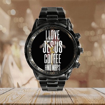 Discover Coffee Fun I love Jesus Coffee and Naps 2 Calendar Steel Band Watch