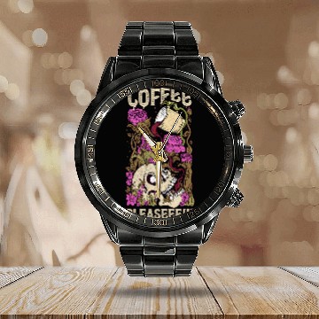 Discover Coffee Fun Please Drink Coffee Funny Skeletons Skull Roses Calendar Steel Band Watch