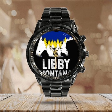 Discover Bear Pet Retro Libby Montana Grizzly Bear MT Vacation Calendar Steel Band Watch