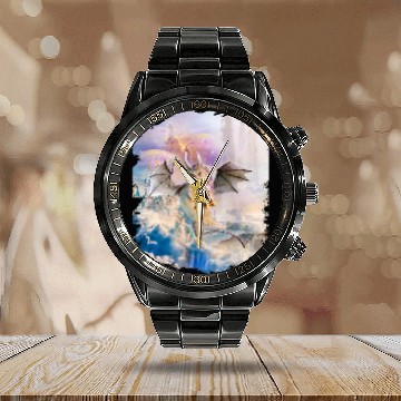 Discover Dragon Pet Galaxy Cat Dragon Eat Pizza in Space Calendar Steel Band Watch