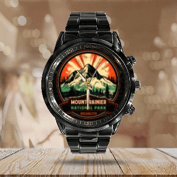 Discover Mount Rainier National Park s Washington Mountain Retro Calendar Steel Band Watch