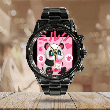 Discover Panda Pet Kawaii Bear Anime Strawberry Milk Shake Calendar Steel Band Watch