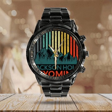 Discover Jackson Hole Wyoming Nature Hiking Outdoors Retro Calendar Steel Band Watch