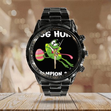 Discover Egg Hunt Champion 2024 Funny Frog Happy Easter Day Kids Zip Calendar Steel Band Watch