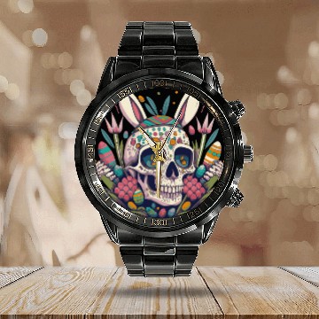 Discover Egg Hunt Easter Day Funny Jolly Roger Bunny Skull Crossbones Calendar Steel Band Watch