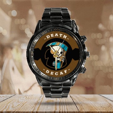 Discover Coffee Fun Death Before Decaf Calendar Steel Band Watch