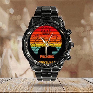 Discover Bear Pet Poconos Pennsylvania Bear Sunset Vacation Calendar Steel Band Watch