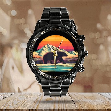 Discover Bear Pet Retro Sunset Cold Arctic Landscape Carnivore The Polar Bear Baseball Tees Calendar Steel Band Watch