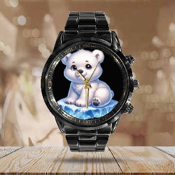 Discover Bear Pet Polar Bear Arctic Winter Animal 13 Zip Calendar Steel Band Watch