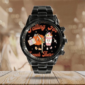 Discover Coffee Fun Retro Falling For Speech Therapy SLP Pumpkin Coffee Autumn Zip Calendar Steel Band Watch
