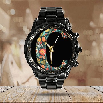 Discover initial monogram floral letter C colorful Garden flowers Calendar Steel Band Watch