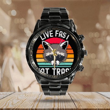 Discover Raccoon Pet Retro Live Fast Eat Trash Calendar Steel Band Watch