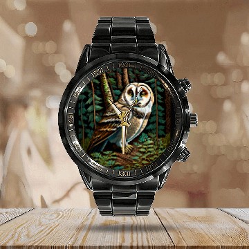 Discover Owl Pet Barn Owl in a Dark Forest Calendar Steel Band Watch