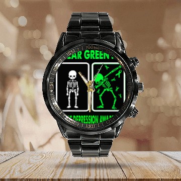 Discover Skeletons I Wear Green For MANIC DEPRESSION Awareness Baseball Tees Calendar Steel Band Watch