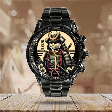 Discover Samurai Cat Japan Culture Ancient Calendar Steel Band Watch