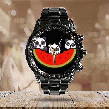 Discover Panda Pet Watermelon Funny Watermelons Fruit Lover Graphic Calendar Steel Band Watch