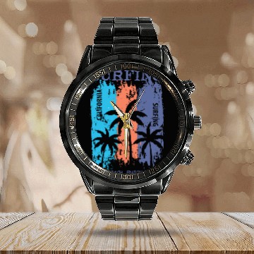 Discover Surfing Venice Beach californias Distressed Retro Sunset Calendar Steel Band Watch